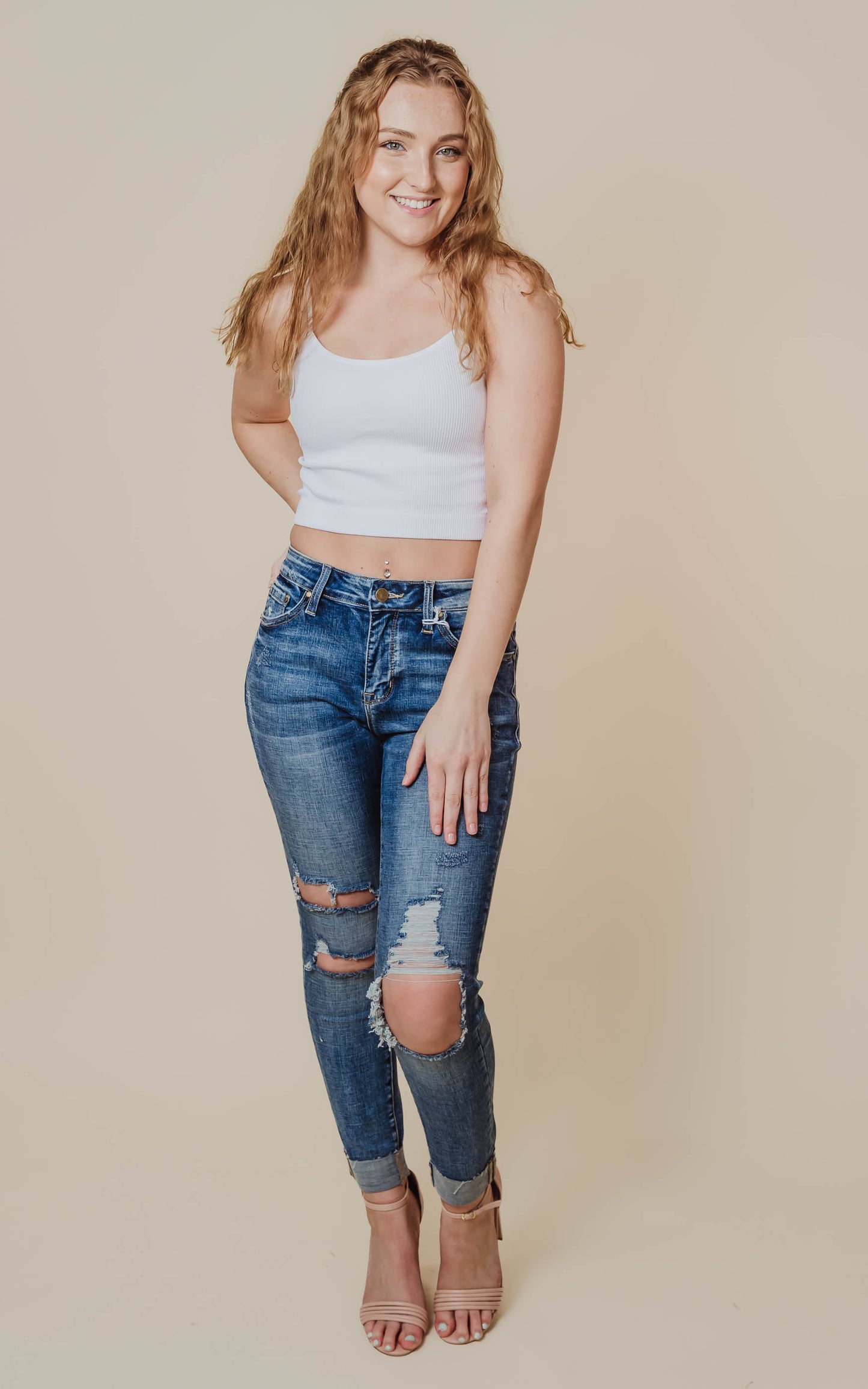 Mid rise Distressed Skinny Jean with cuffed hem