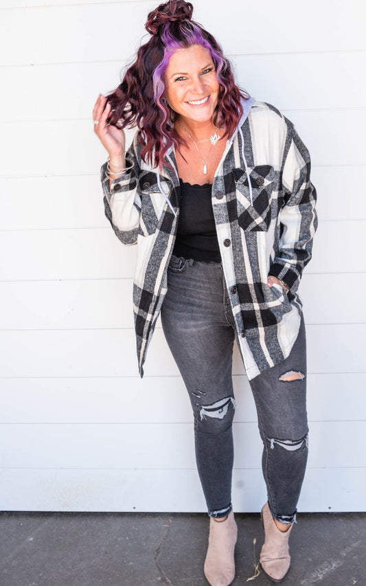 YARN DYED PLAID DRAWSTRING HOODED SHACKET