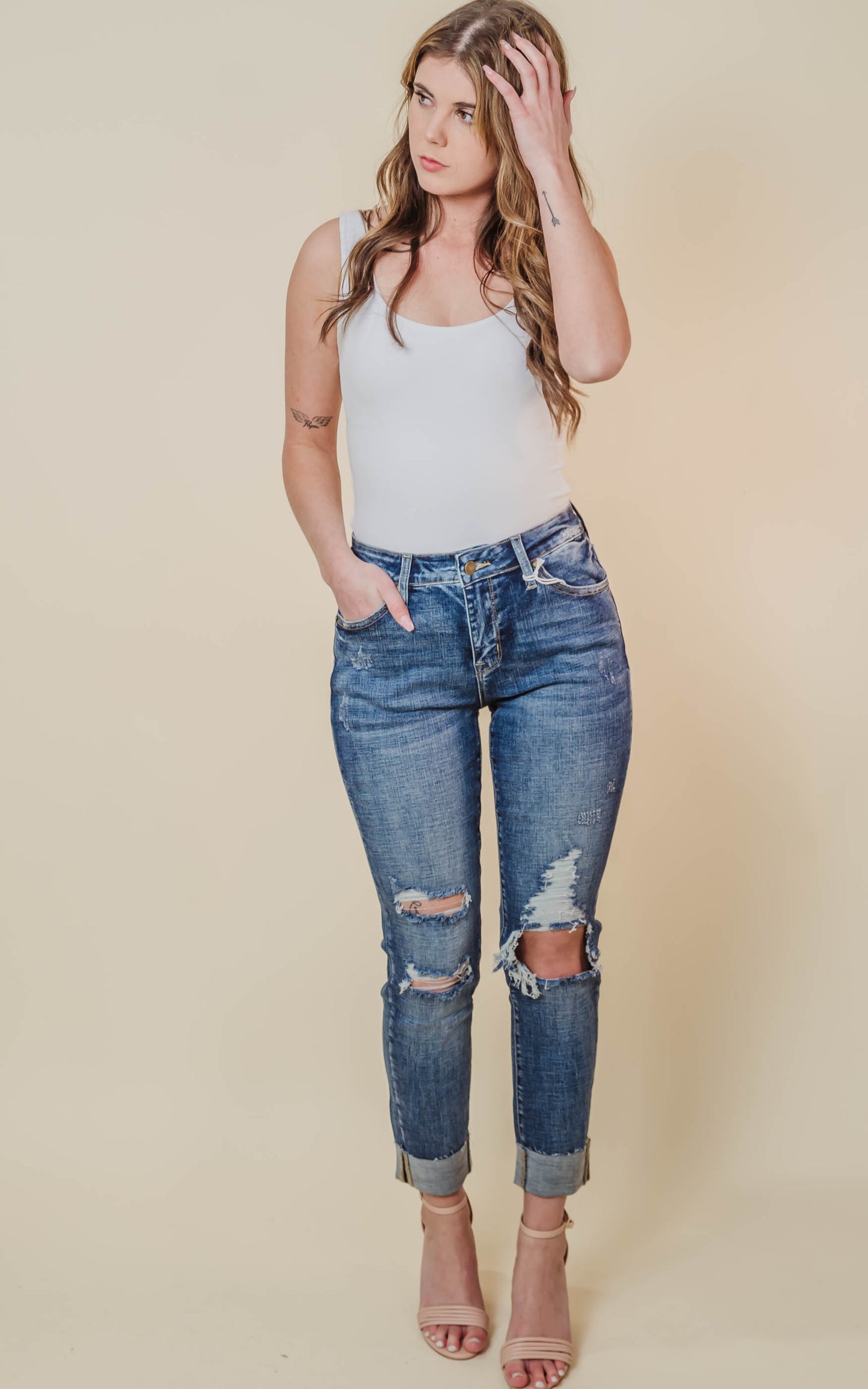 MID RISE ANKLE SKINNY W/ CUFFED HEM DENIM JEAN - Petra - Final Sale