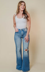 Distressed High Rise Denim Flare Jeans