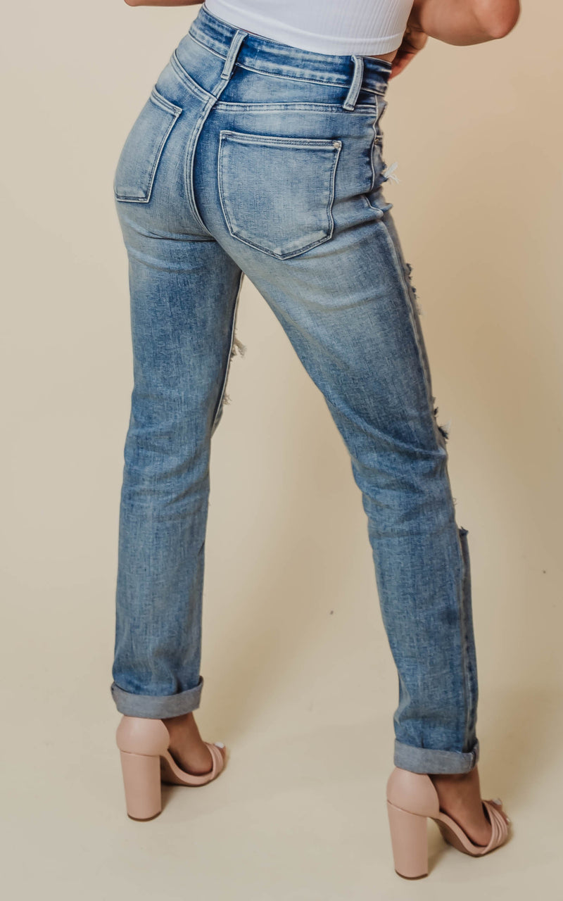high rise straight leg distressed denim jeans