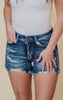 HIGH RISE STRETCH PATCHED SHORTS W/ FRAYED HEM BY Petra - Final Sale