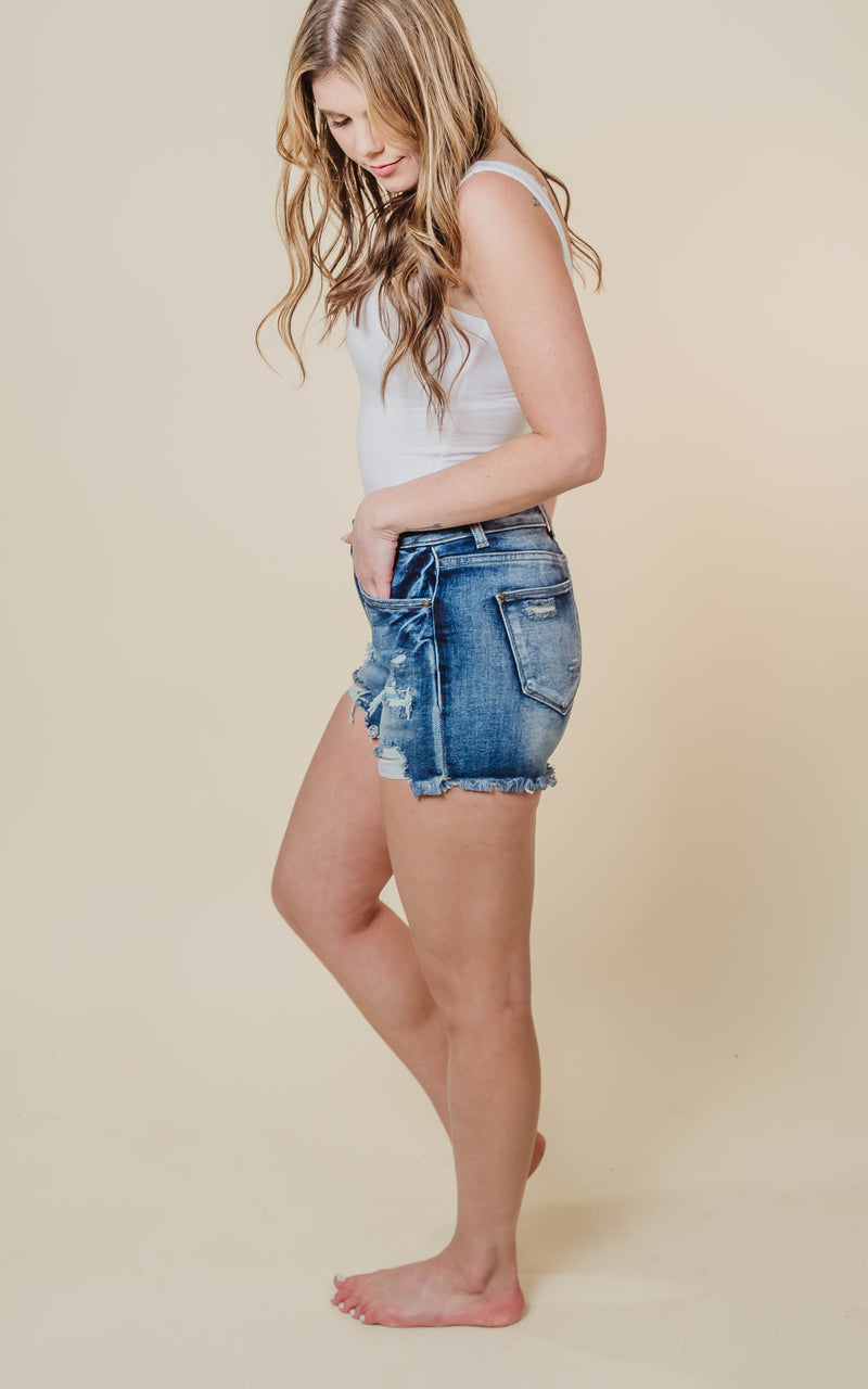 HIGH RISE STRETCH PATCHED SHORTS W/ FRAYED HEM BY Petra - Final Sale