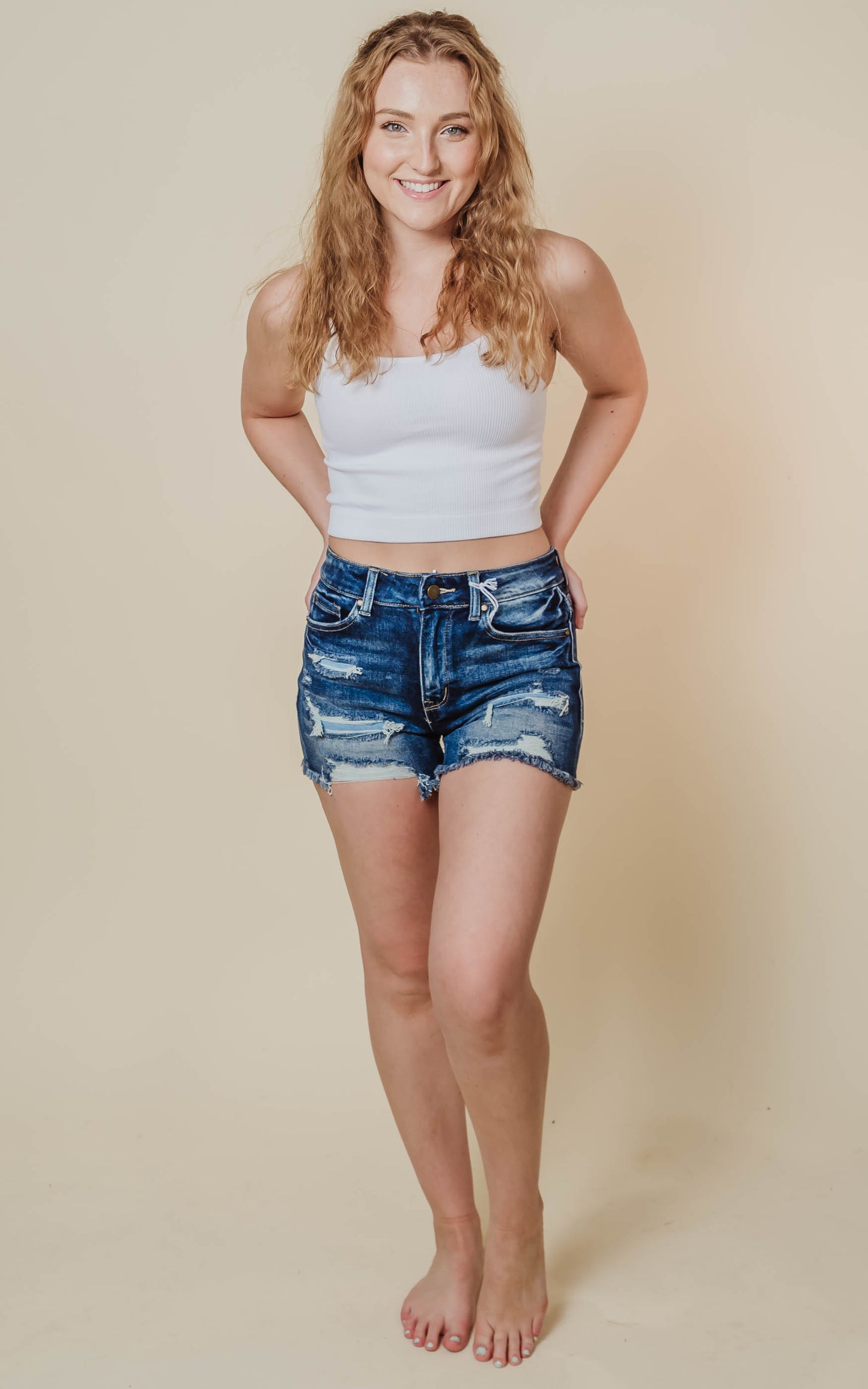 HIGH RISE STRETCH PATCHED SHORTS W/ FRAYED HEM BY Petra - Final Sale