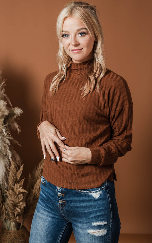 mock neck long sleeve ribbed top walnut