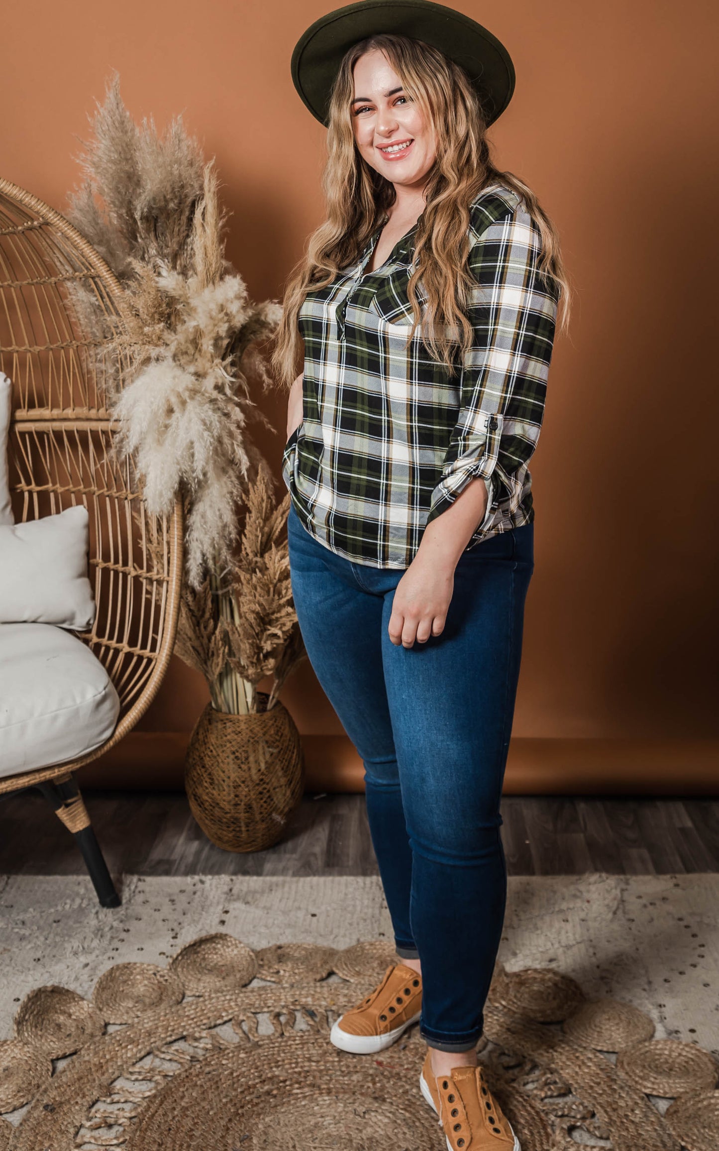 Olive/Black/Ivory Henley Plaid Top -3/4 Sleeve - Final Sale