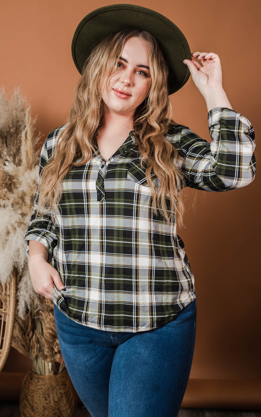 Olive/Black/Ivory Henley Plaid Top -3/4 Sleeve - Final Sale