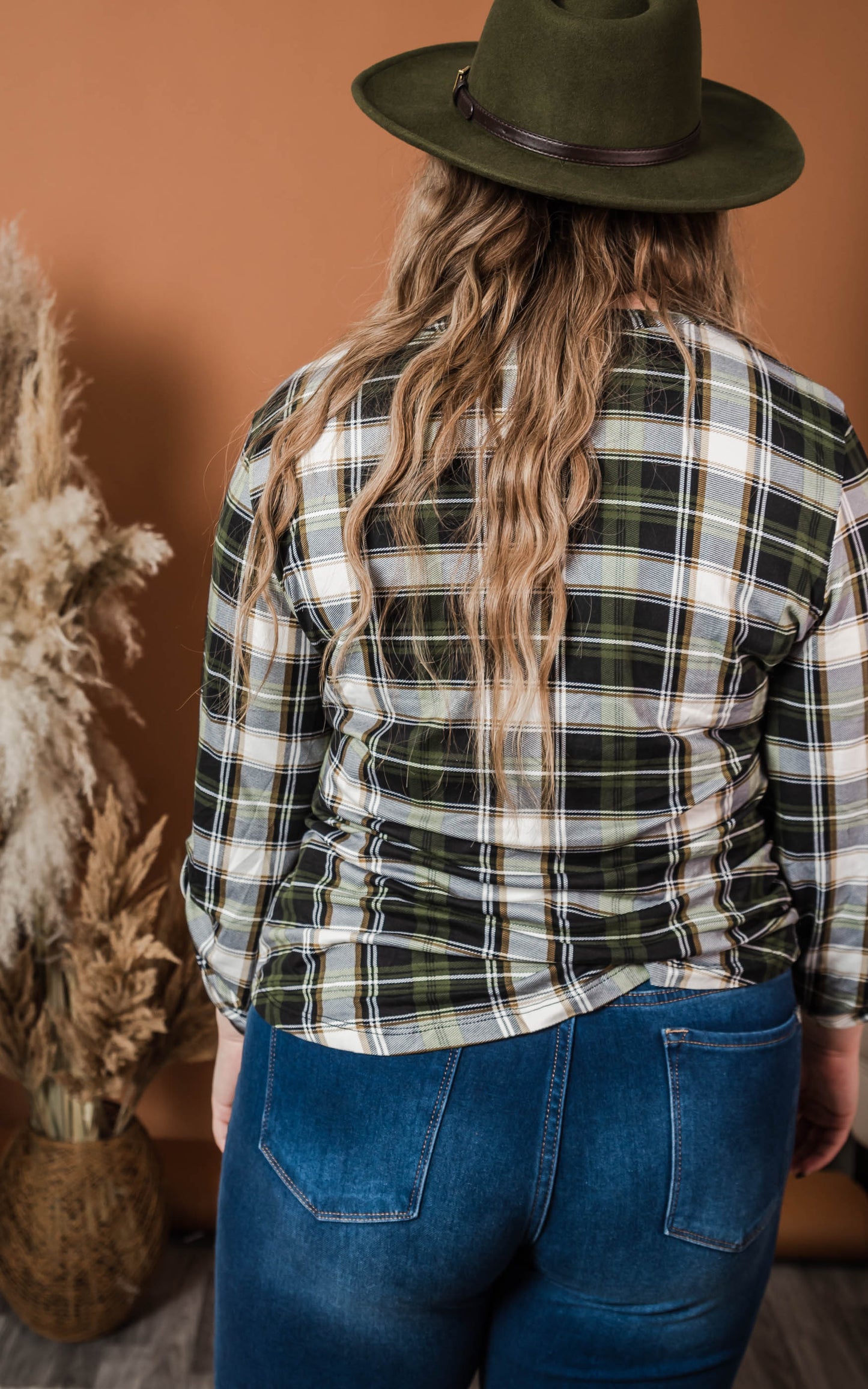 Olive/Black/Ivory Henley Plaid Top -3/4 Sleeve - Final Sale