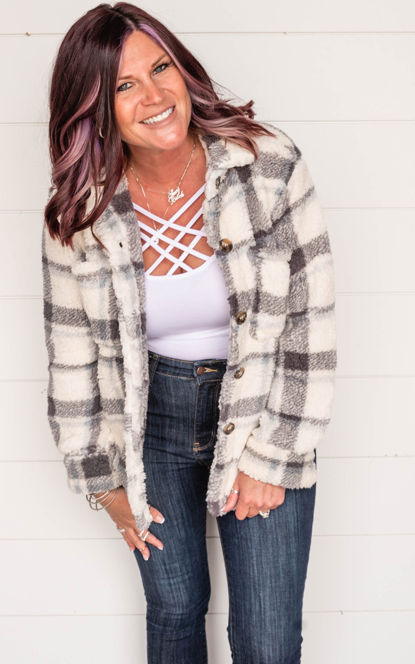 Cool & Breezy Faux Fur Plaid Jacket