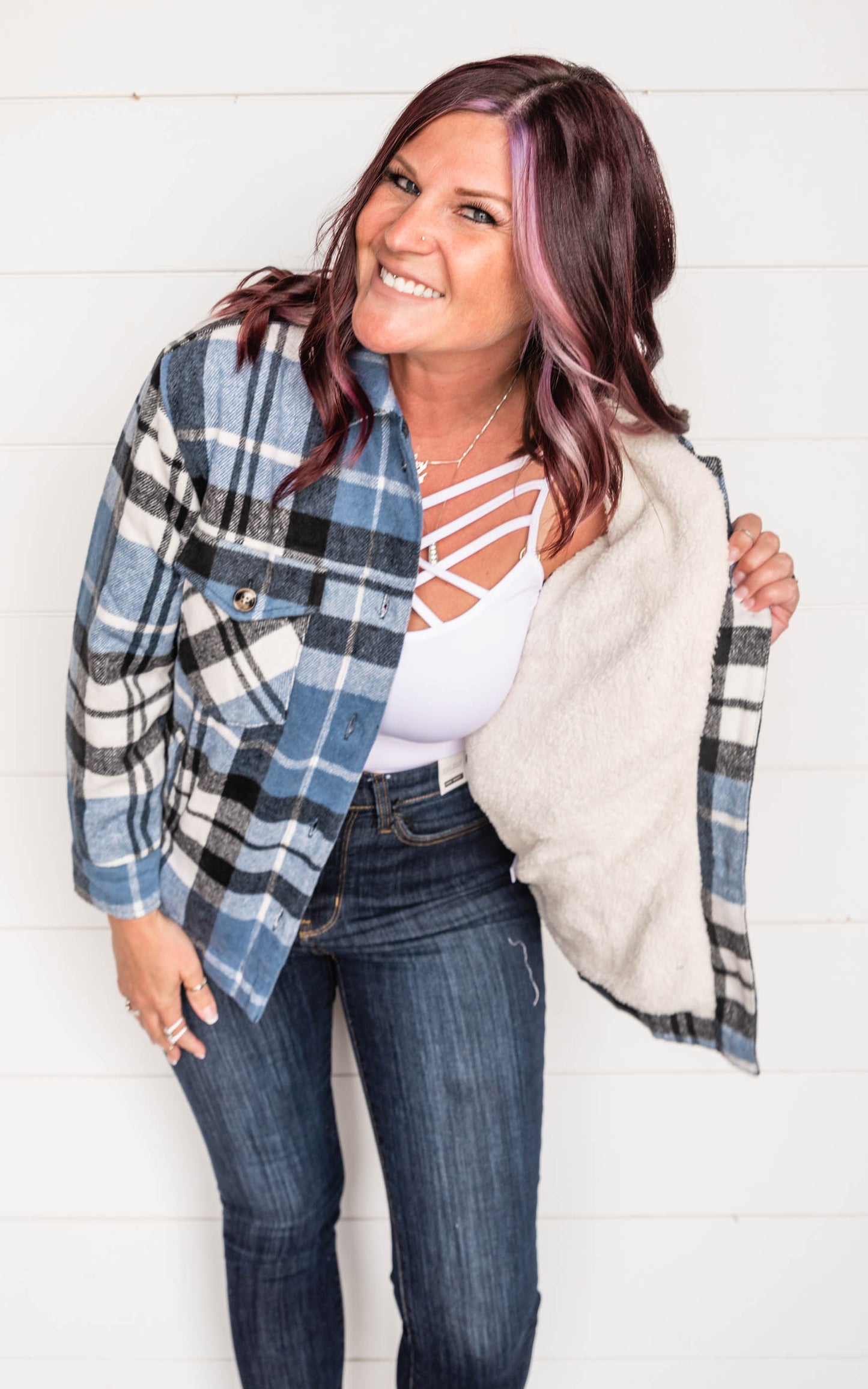 blue plaid sherpa jacket 