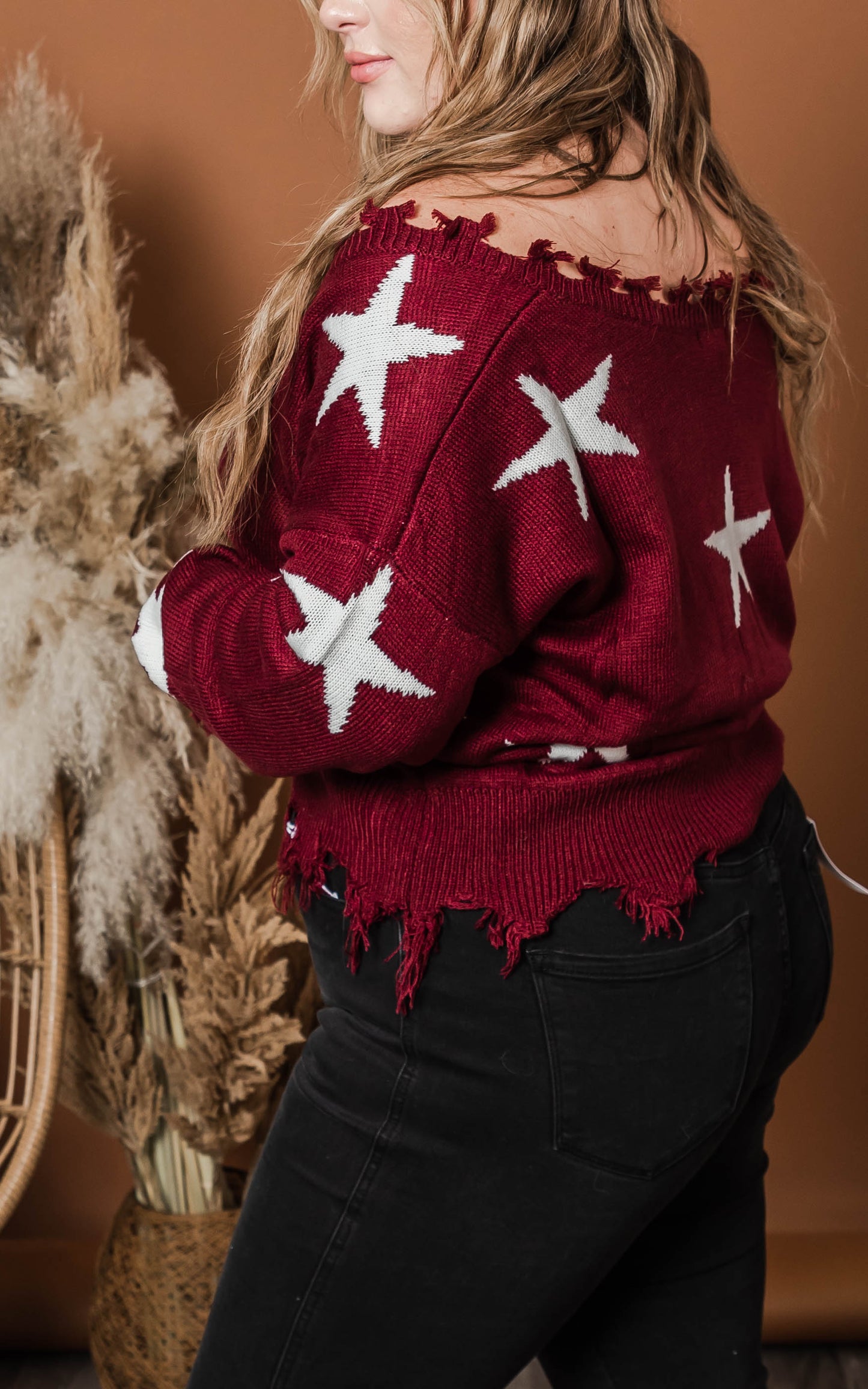 Curvy Girl - Distressed Burgundy Star Sweater - Final Sale