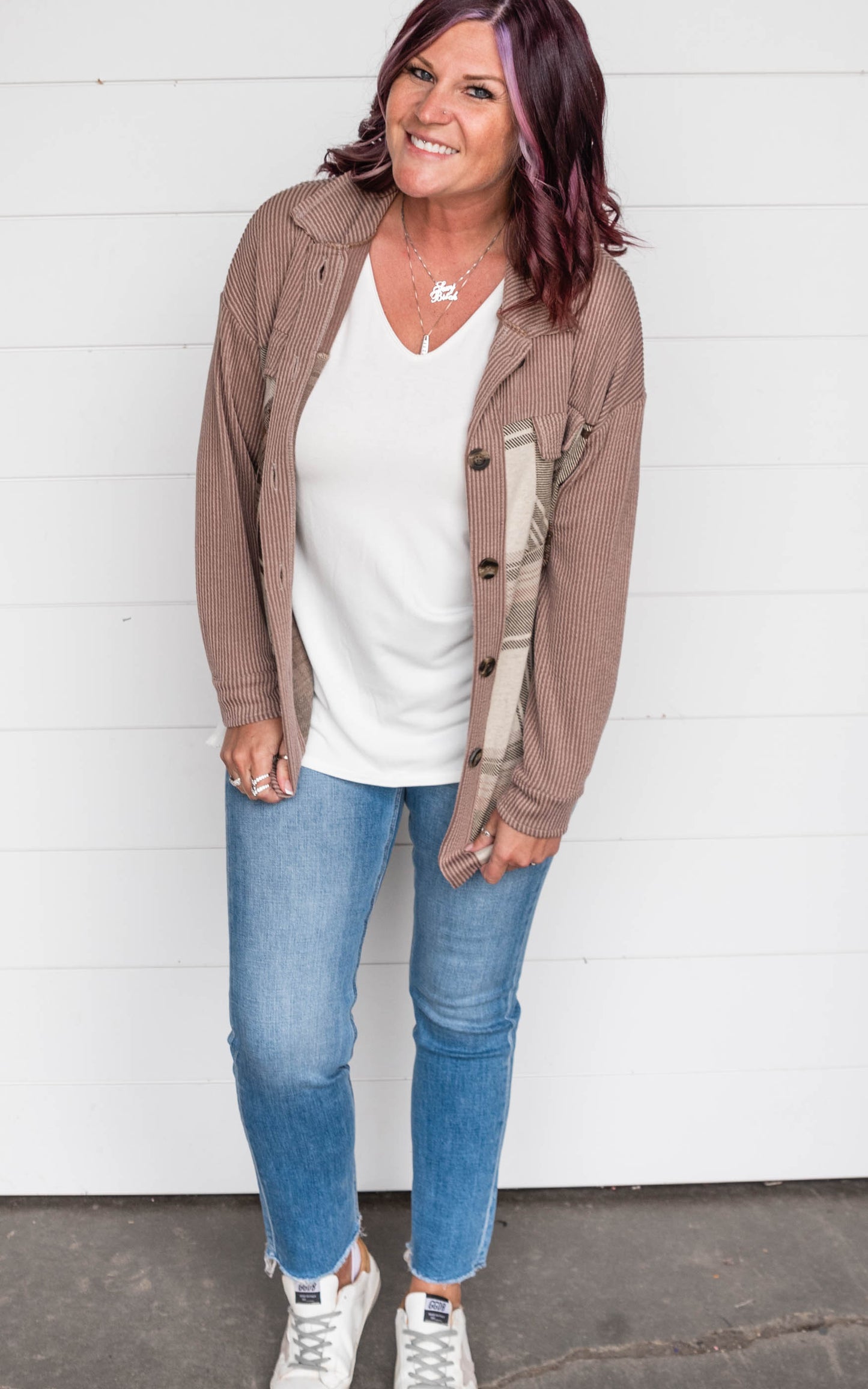 Ribbed Fabric Button Down Jacket - Mocha