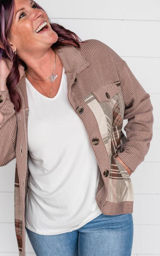 Ribbed Fabric Button Down Jacket - Mocha - Final Sale