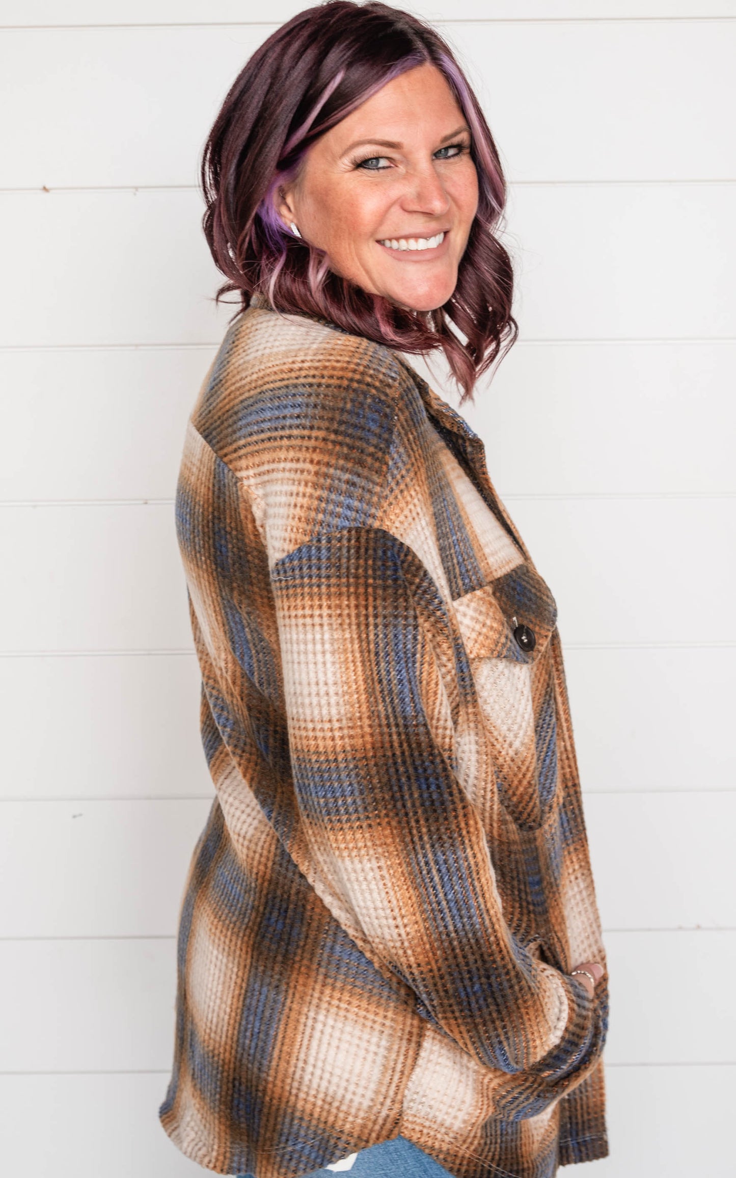 The Willow BRUSHED WAFFLE PLAID OVERSIZED SHACKET  Camel - Final Sale