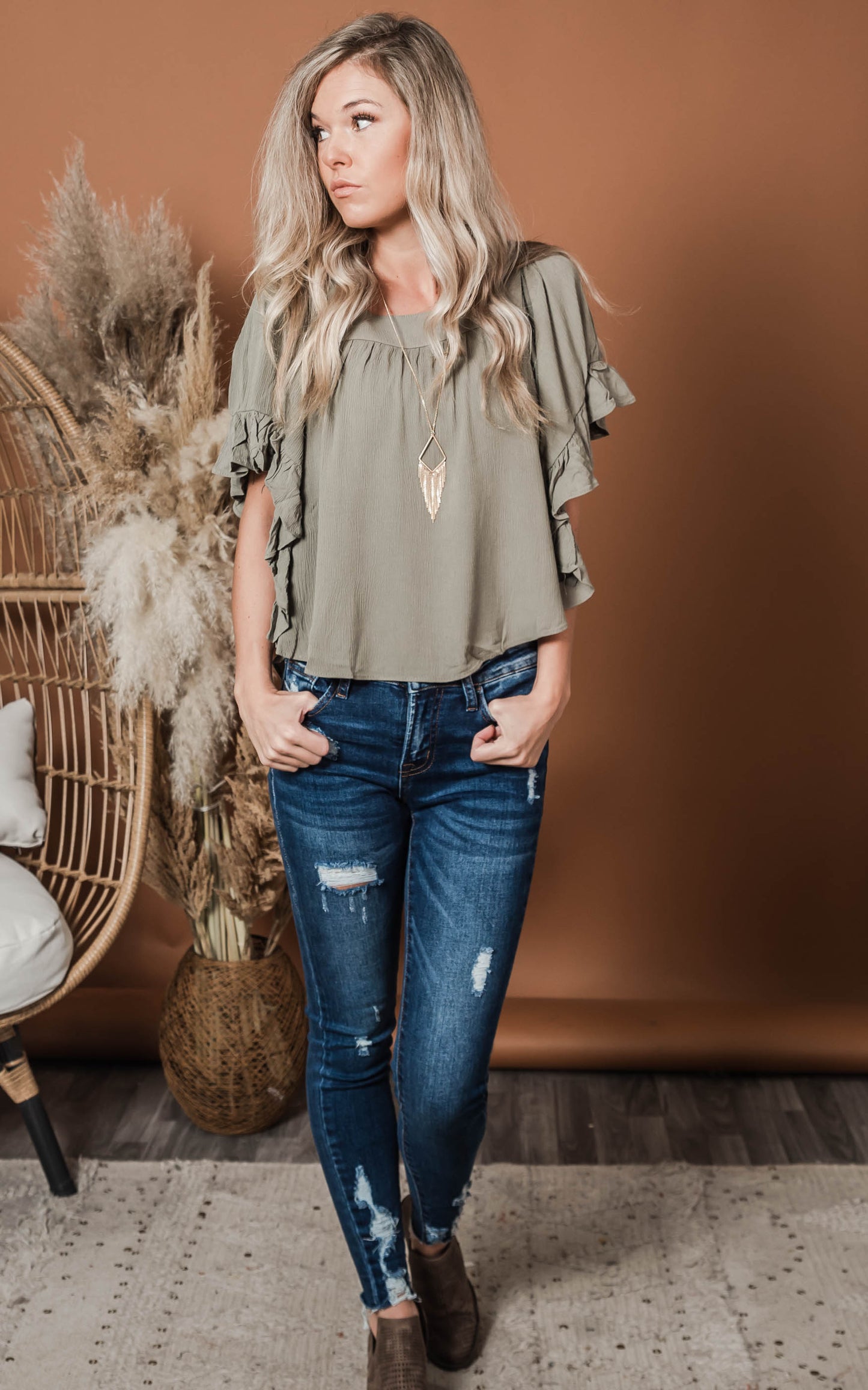 olive short sleeve babydoll top 