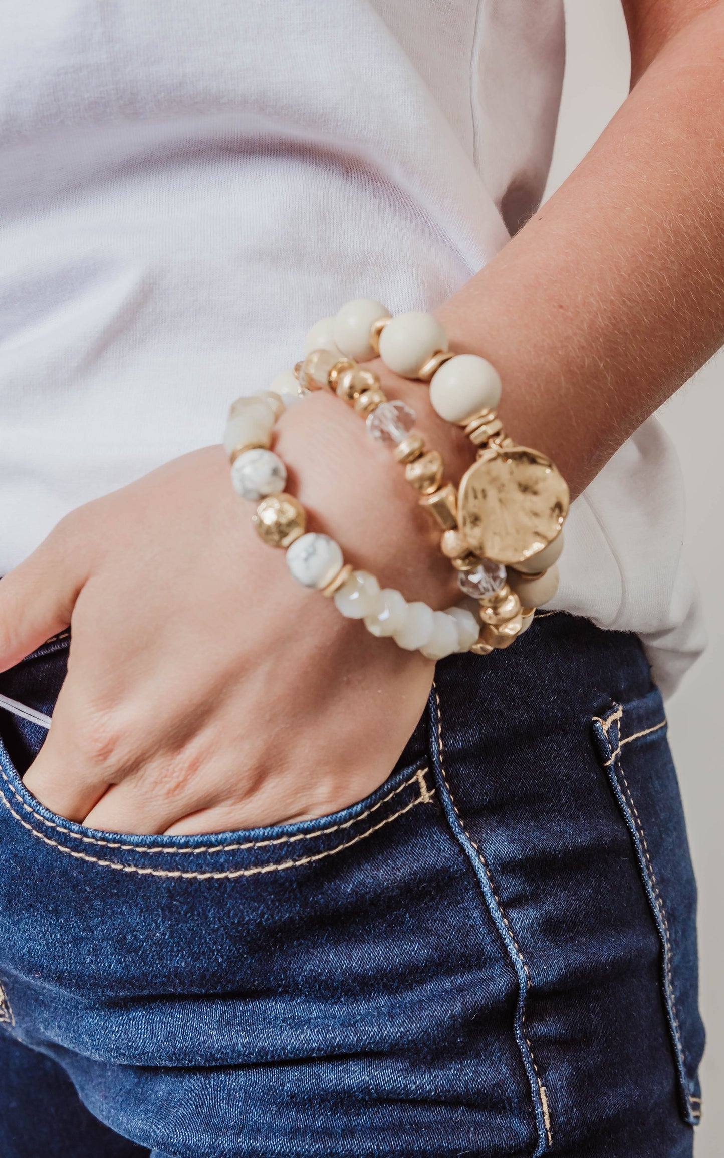 White Natural Stacked Bracelets - 3