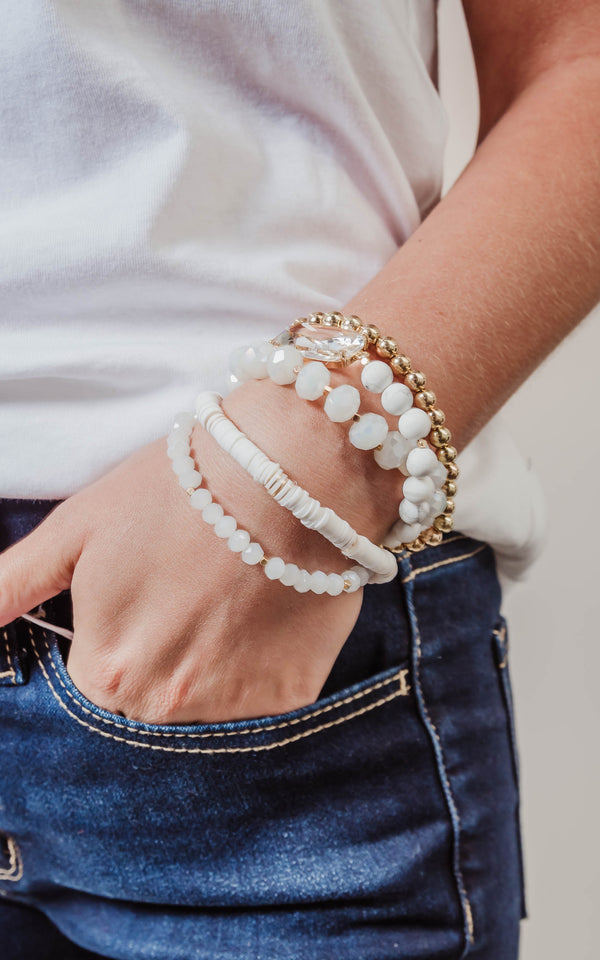 White Crystal, Stone, and Gold Stacked Bracelets - 5
