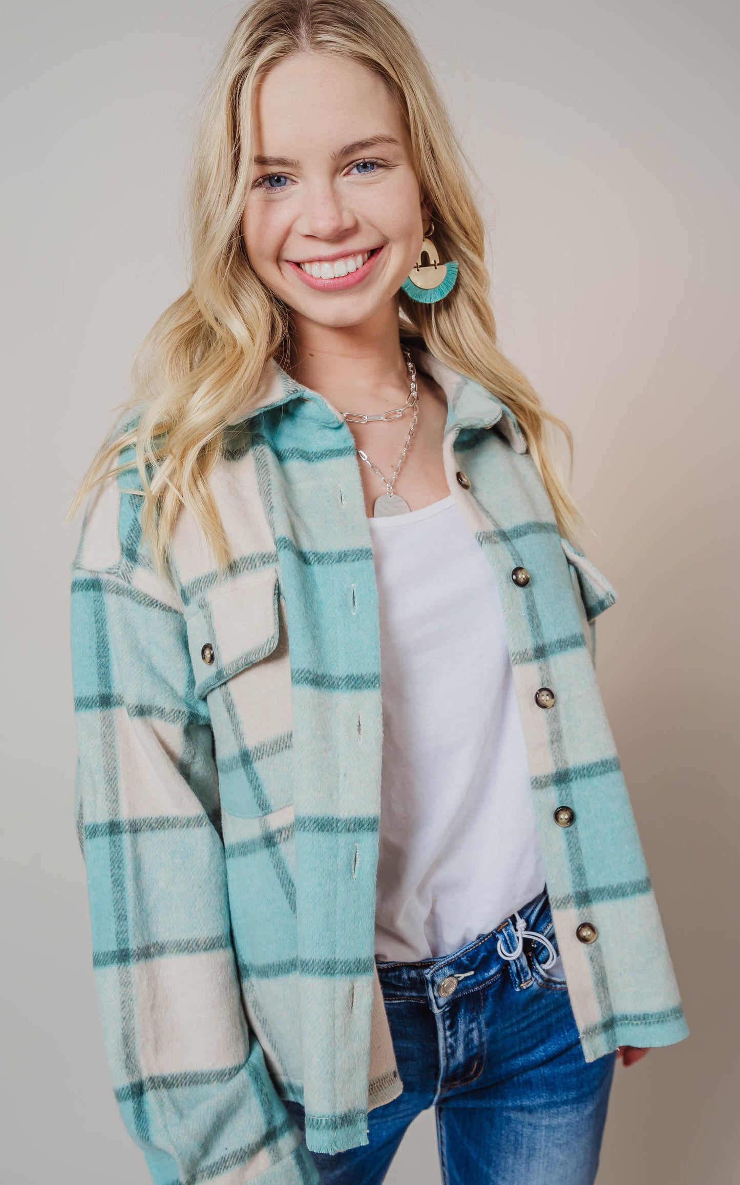 TEAL BOXY PLAID JACKET 