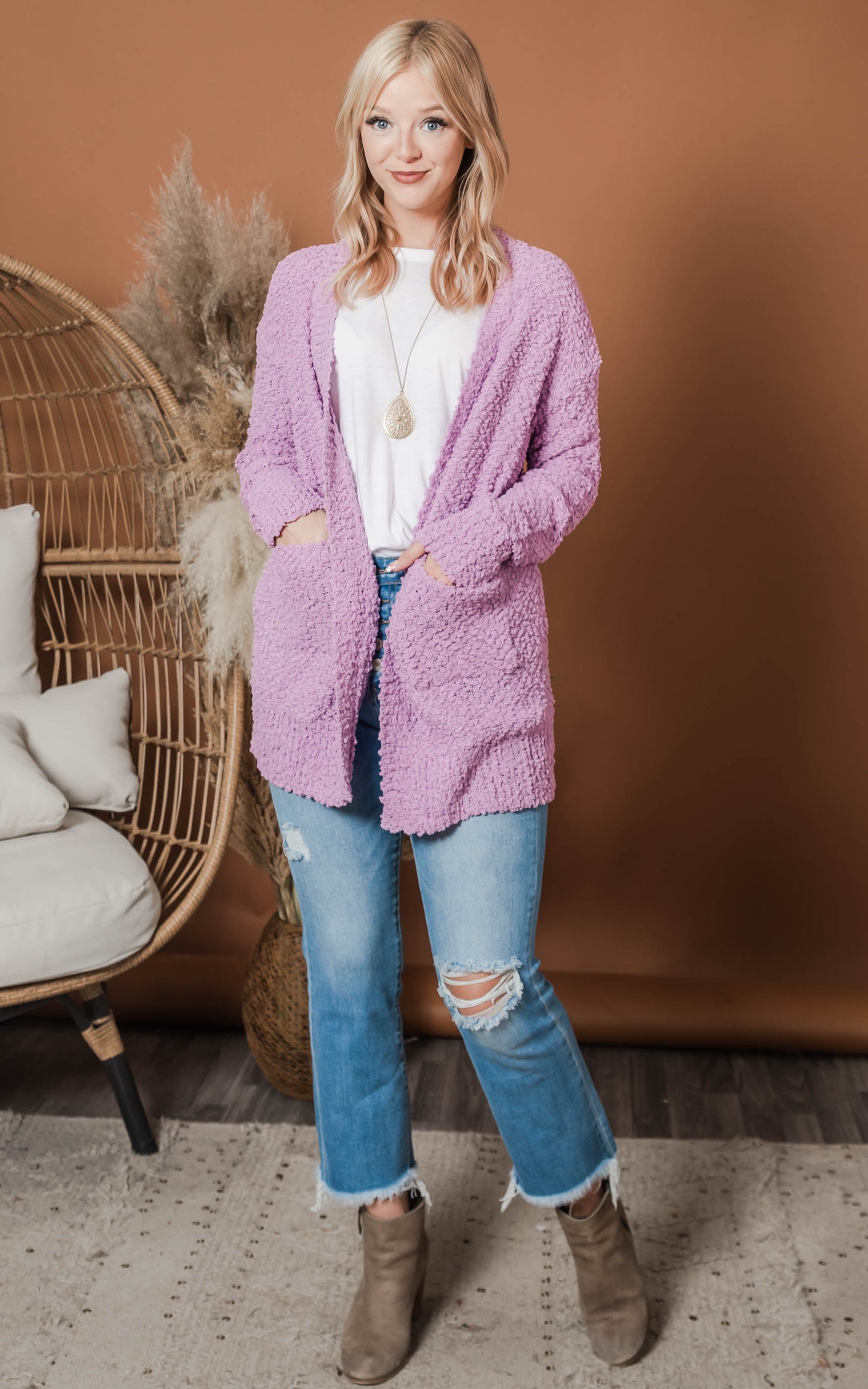 Lilac Knit Popcorn Cardigan