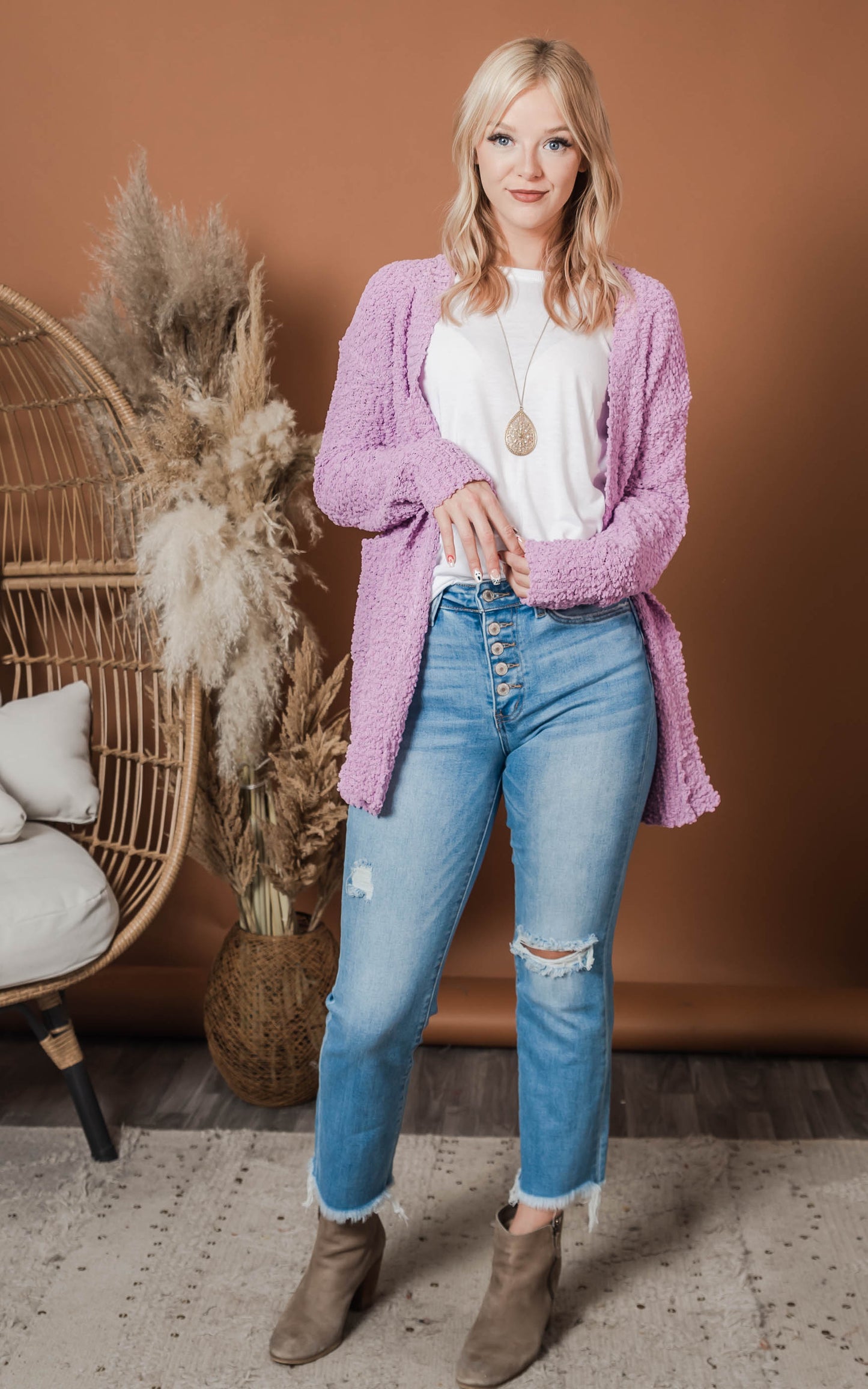 Lilac Knit Popcorn Cardigan