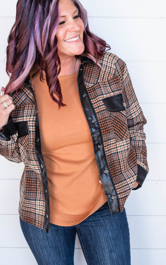 MIXED FAUX LEATHER PLAID JACKET