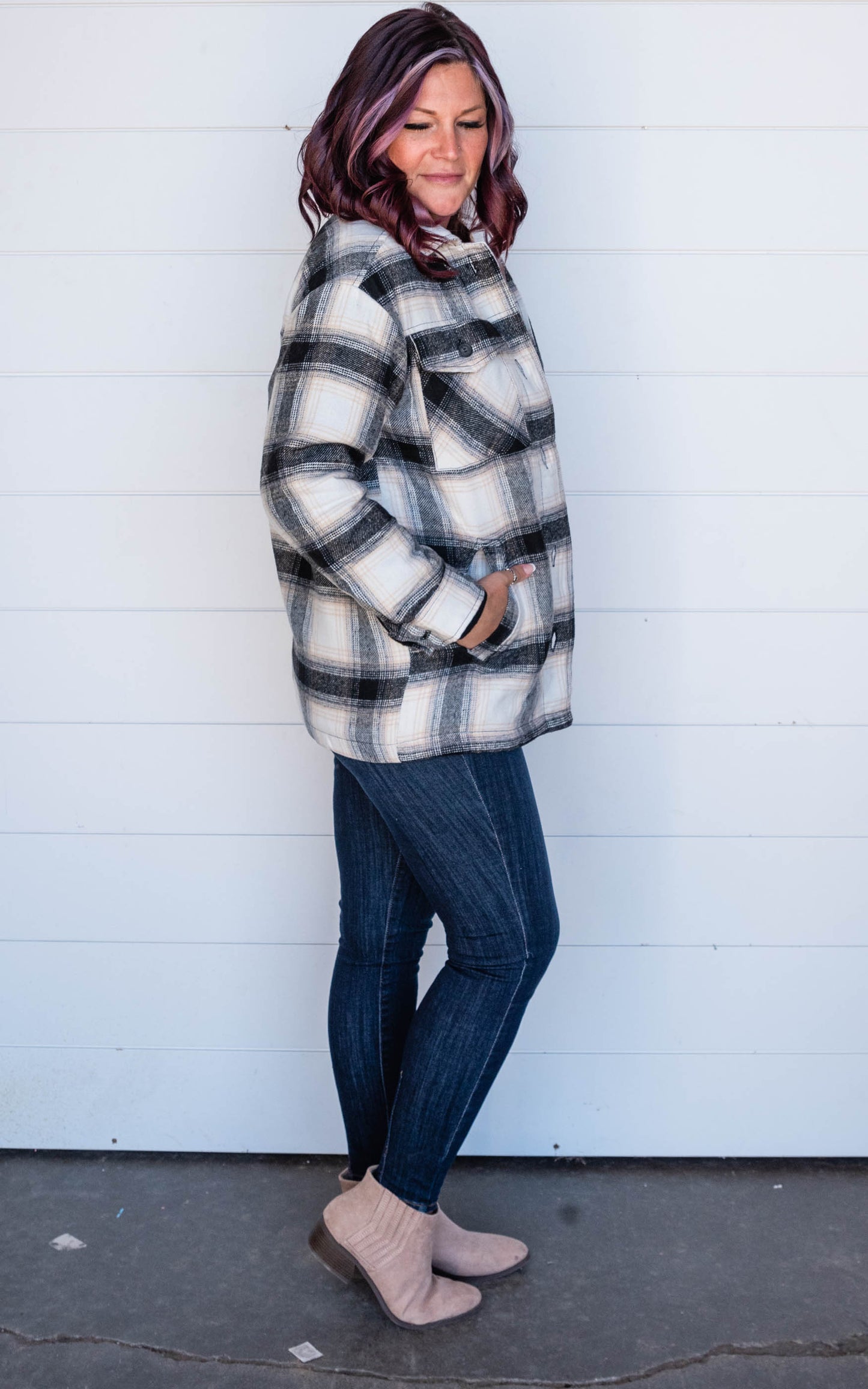 Woven Plaid Long Line Jacket