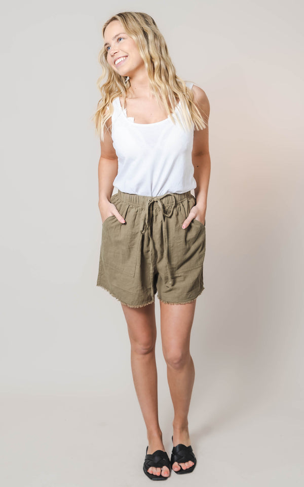 frayed linen olive shorts 