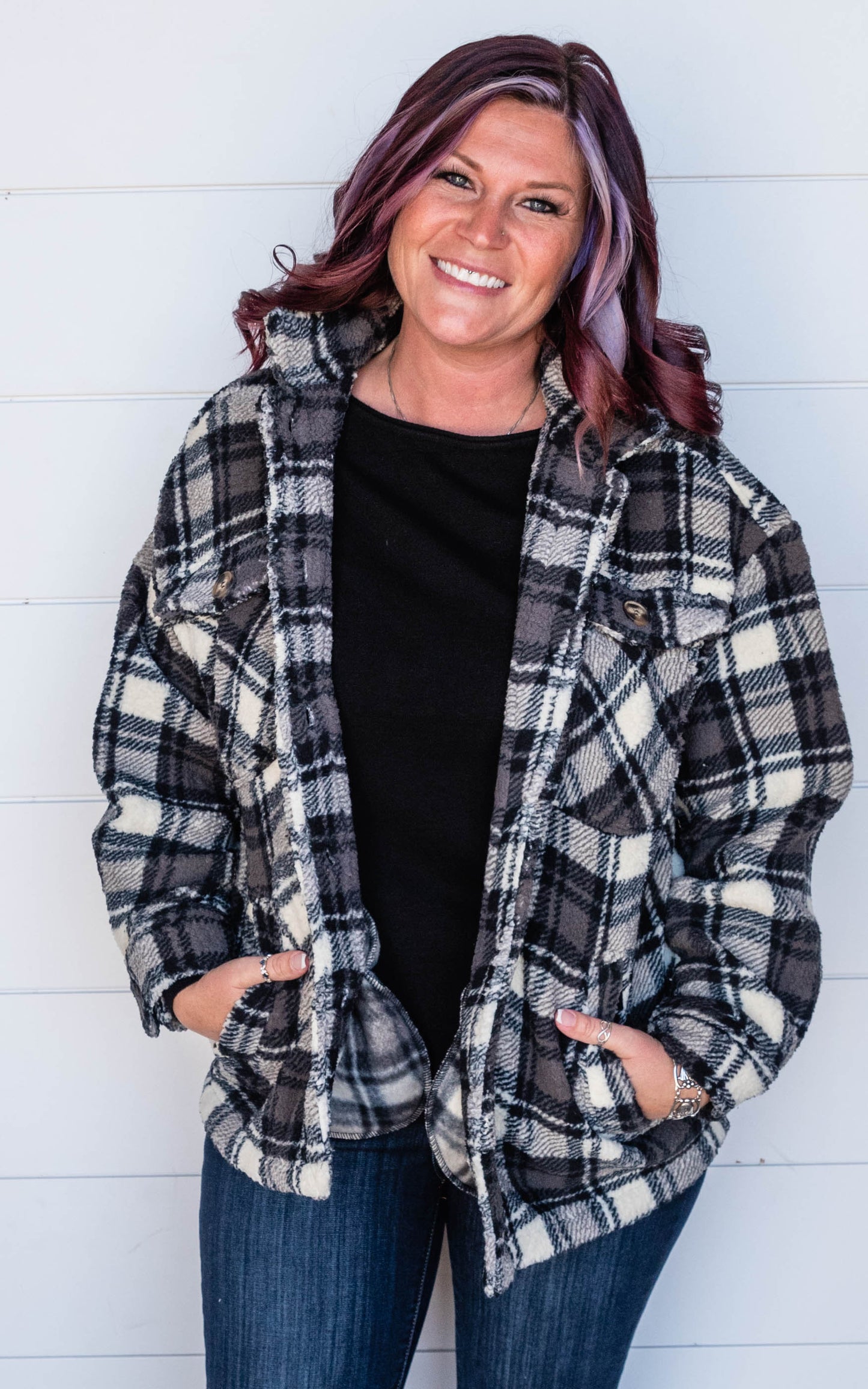 Sherpa Fleece Plaid Jacket - Black & Ivory