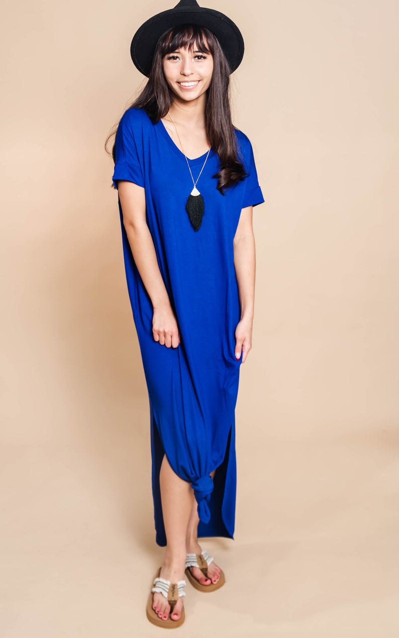 bright blue vneck tshirt maxi dress 