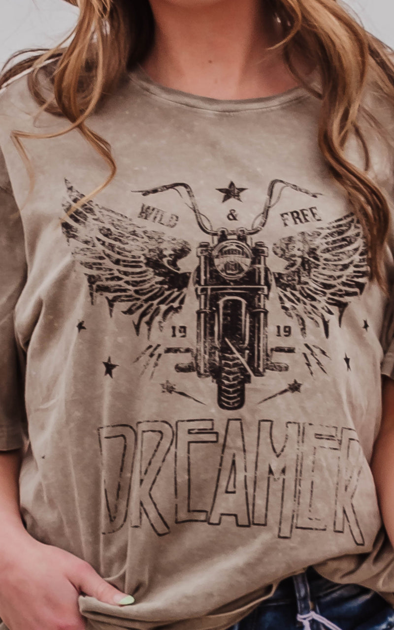 Vintage Wash Motorcycle Dreamer T-Shirt - Mocha