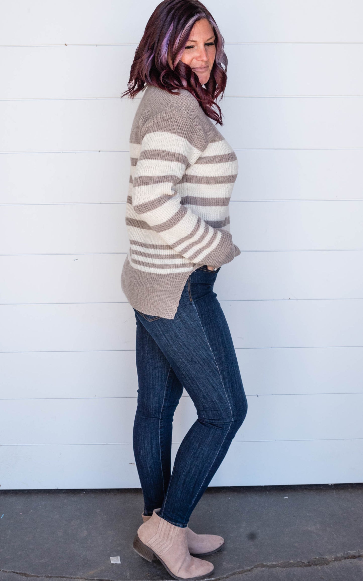 taupe ivory stripe sweater 