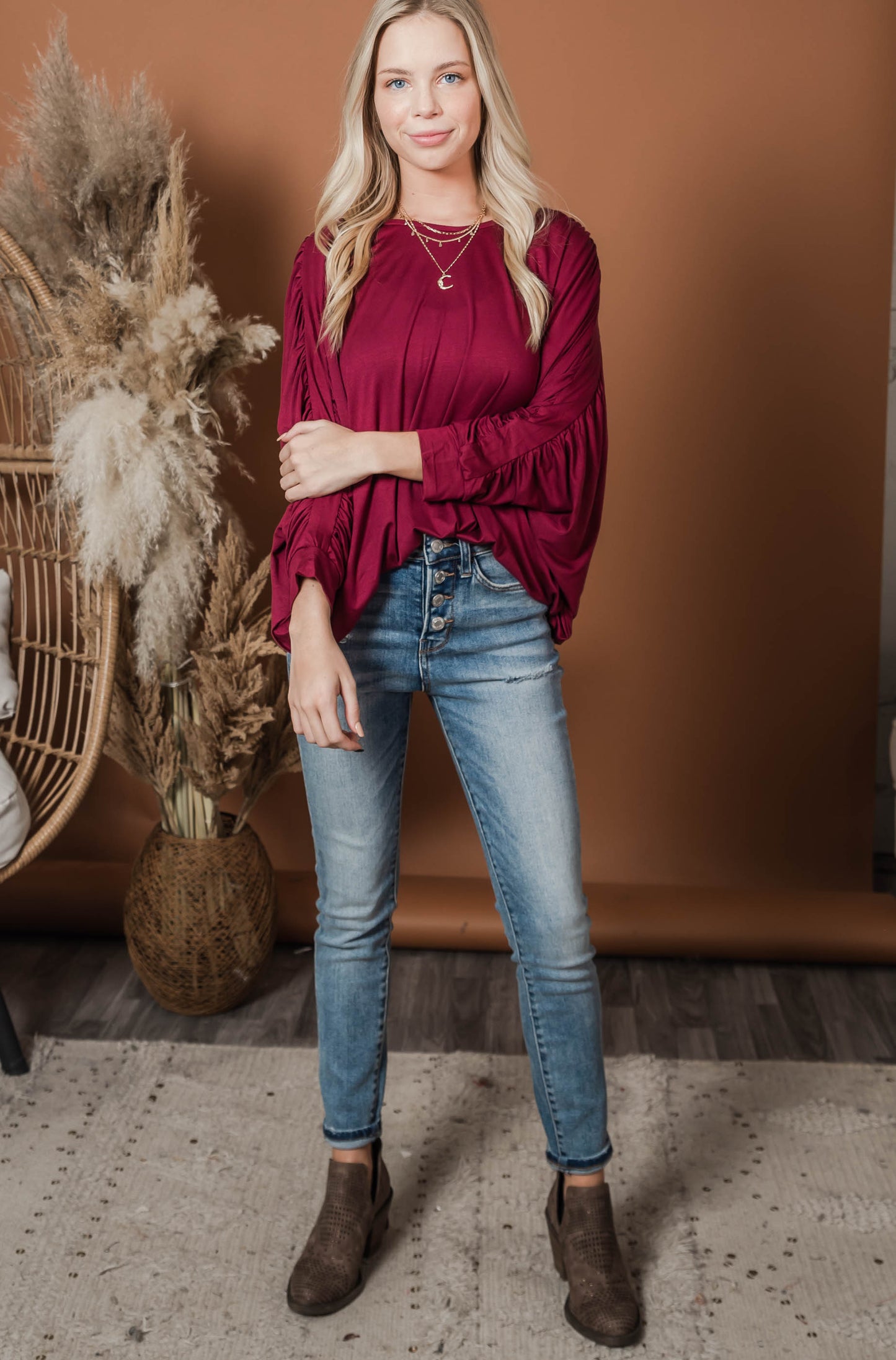 burgundy loose fit dolman top