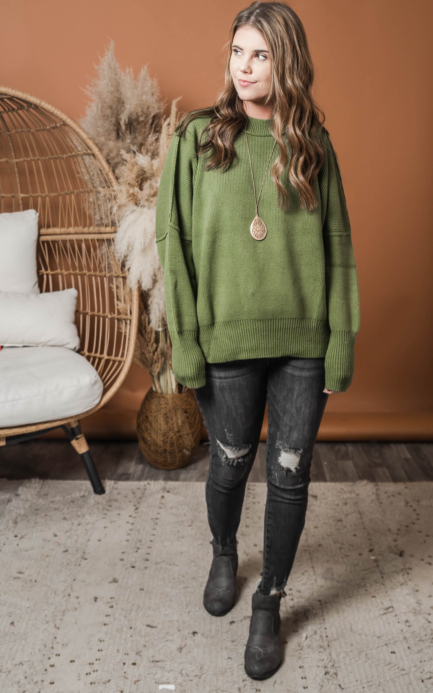 olive green drop shoulder sweater 