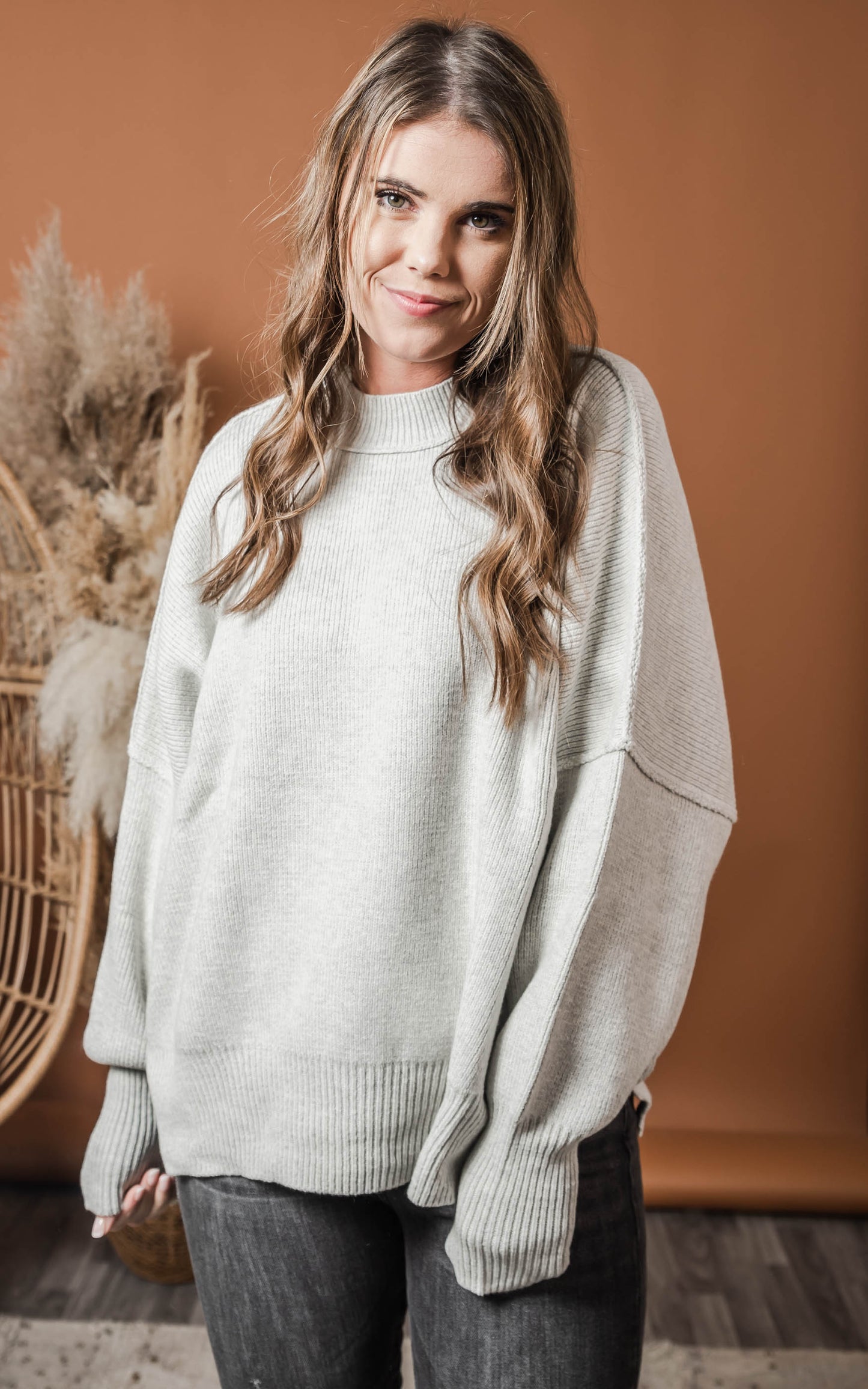 grey mock neck sweater drop shoulder 