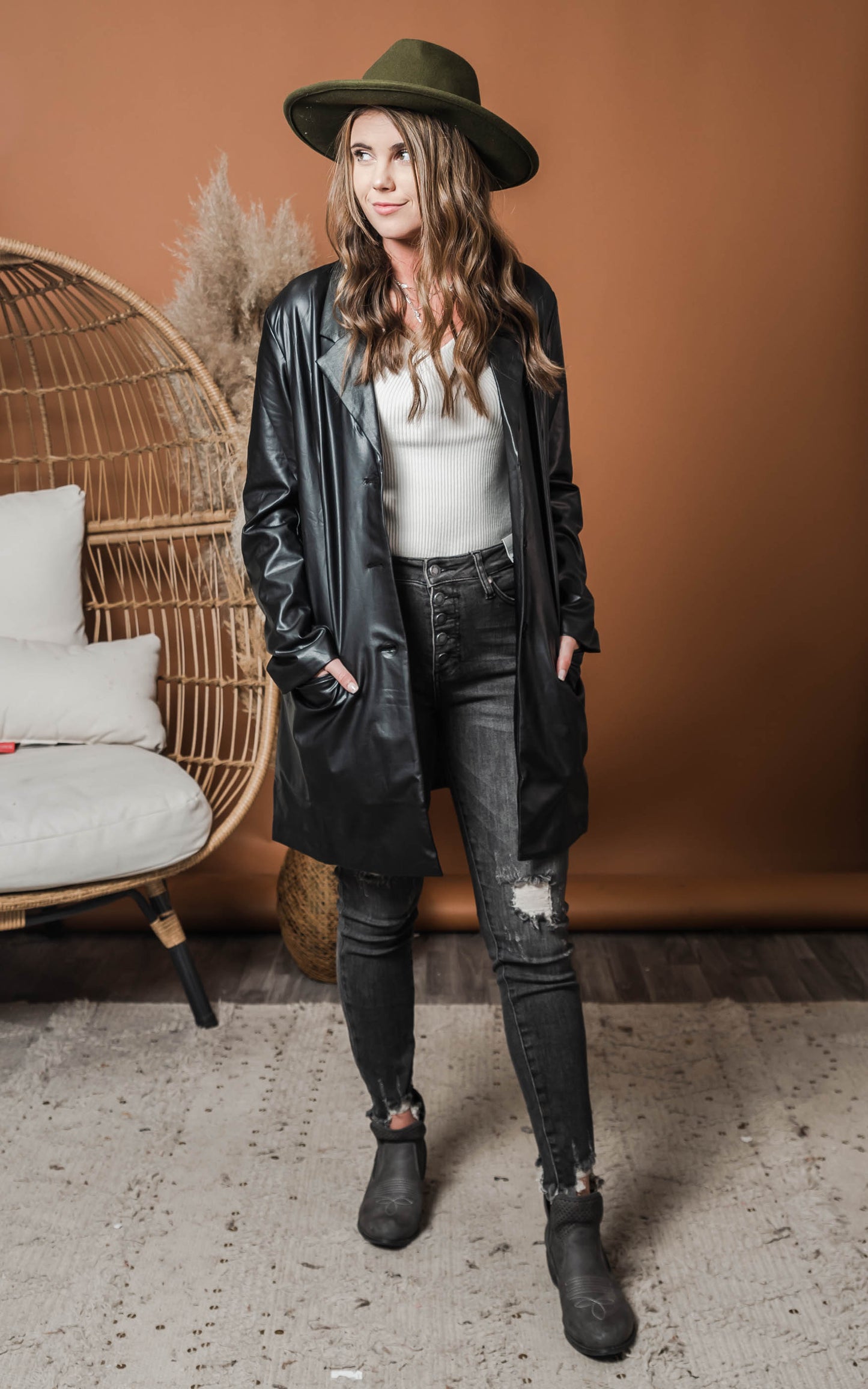 black vegan leather oversized blazer