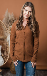noched neck ribbed long sleeve top toffee 