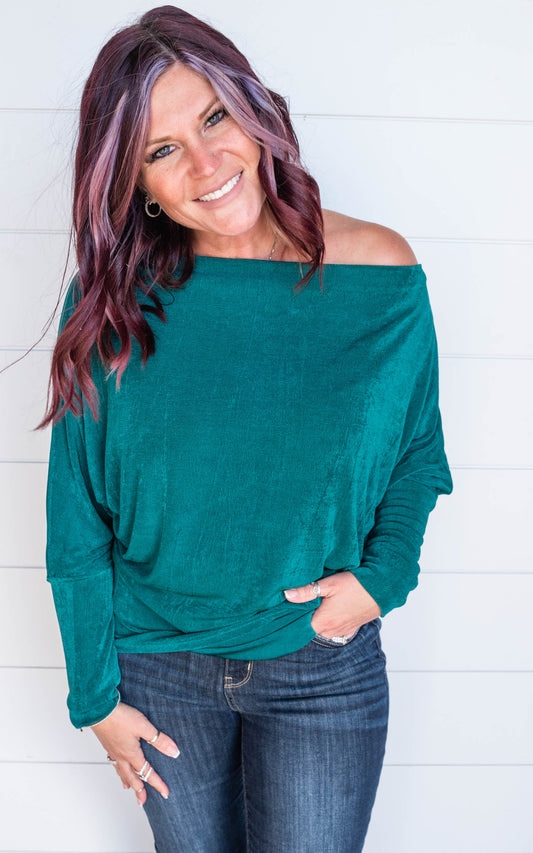 green slinky off shoulder top 