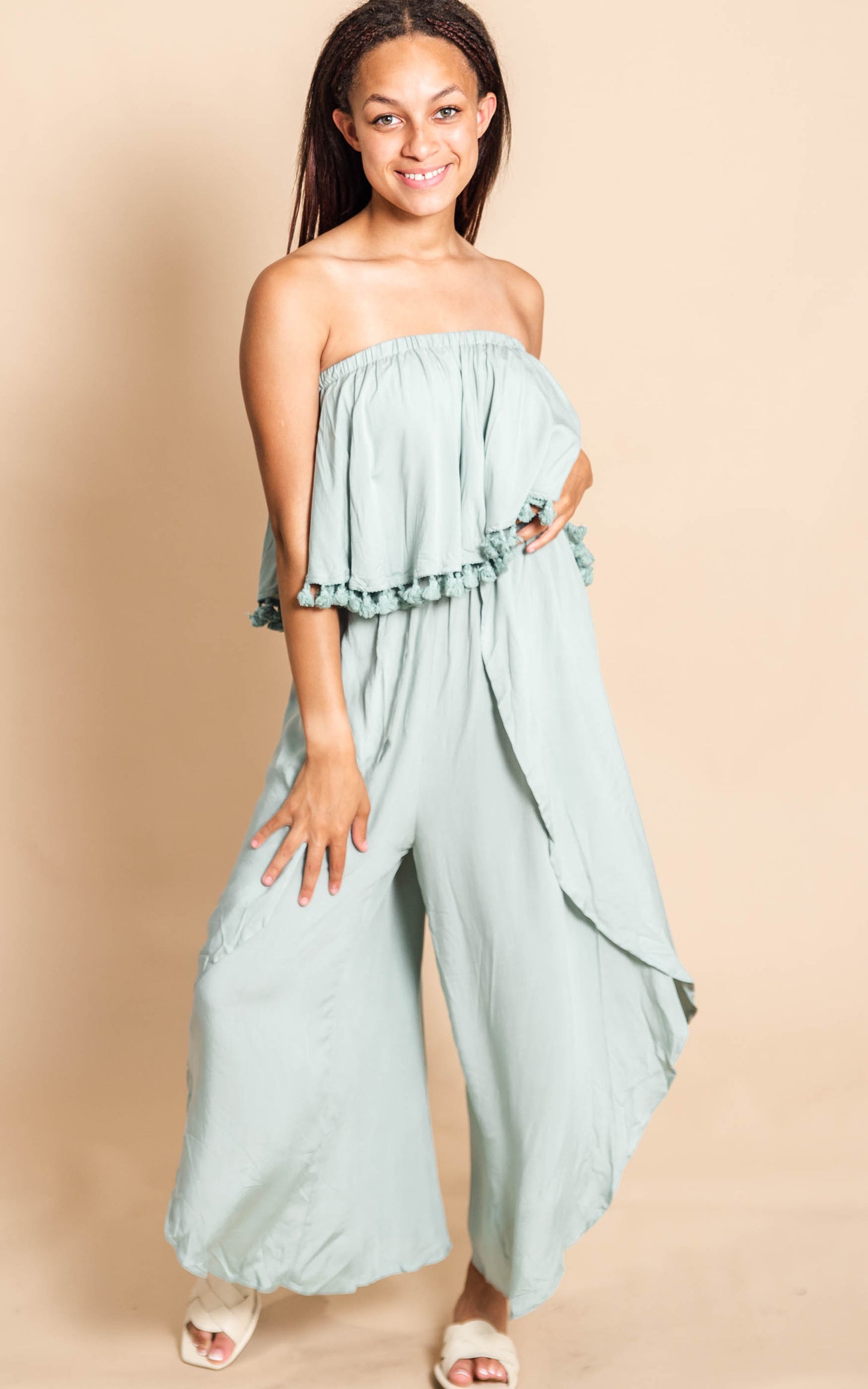 mint ruffle jumpsuit