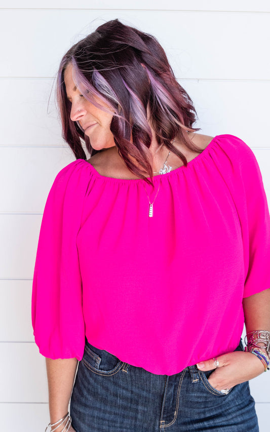 hot pink off the shoulder blouse 