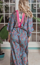 Paisley Kimono Maxi Dress -Blue/Yellow/Fuchsia -Final Sale