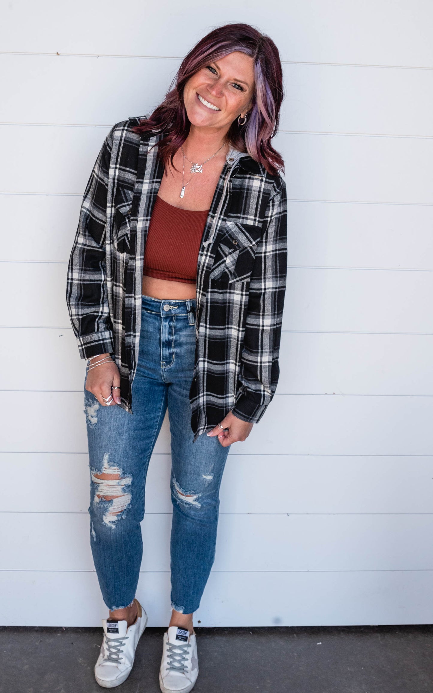 Hooded Black Plaid Top