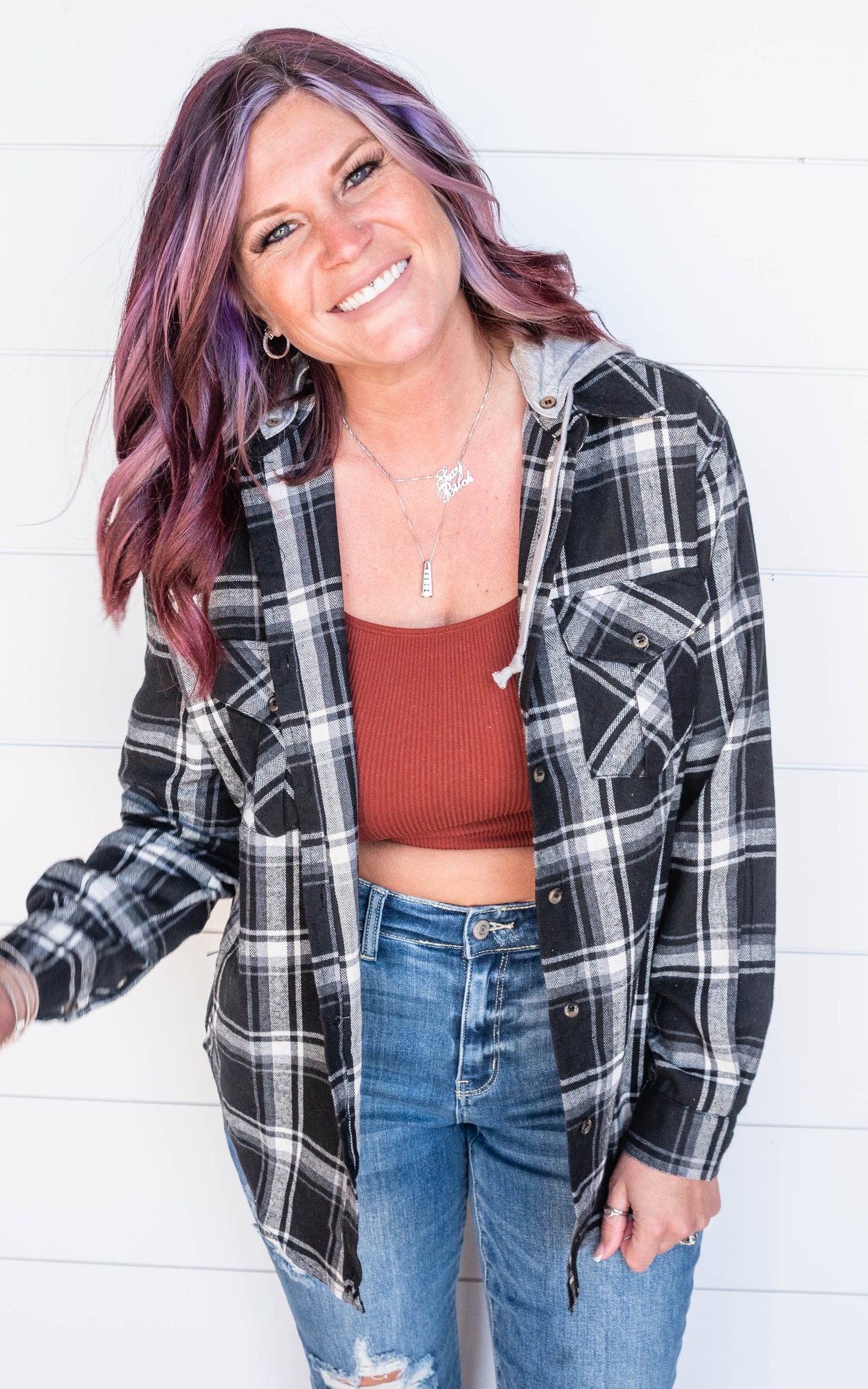 Hooded Black Plaid Top