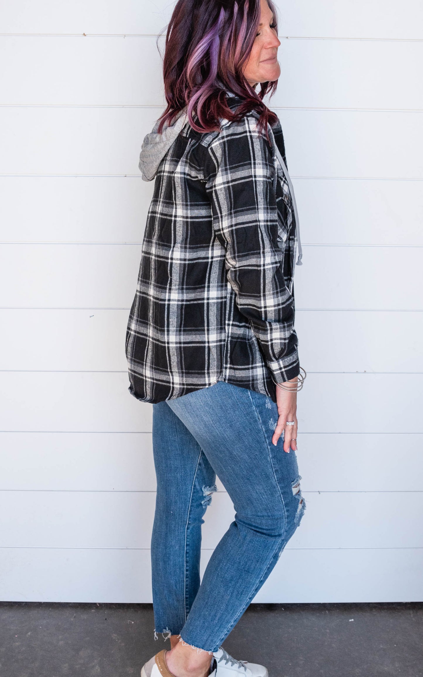 Hooded Black Plaid Top