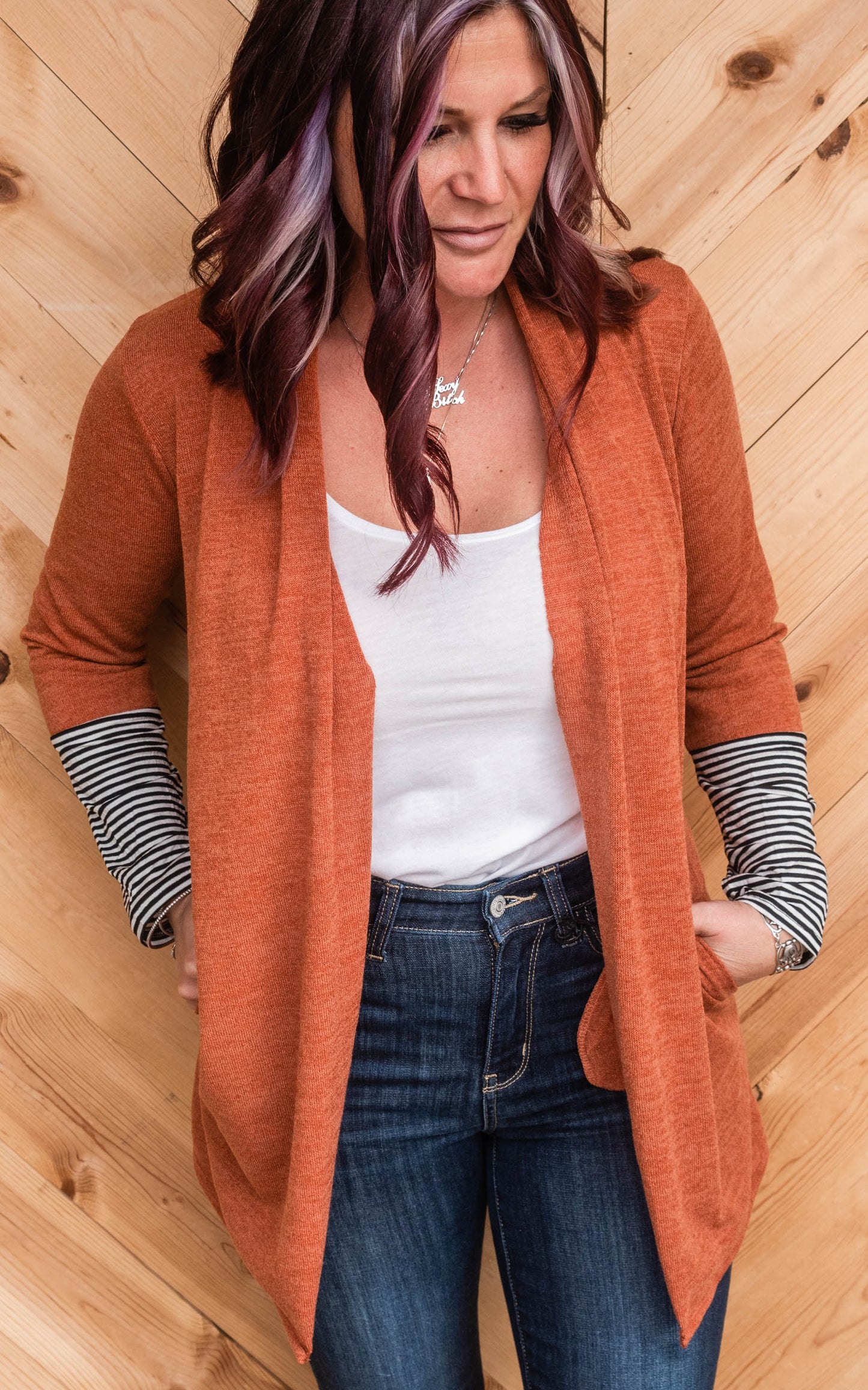 rust stripe sleeve open cardigan 