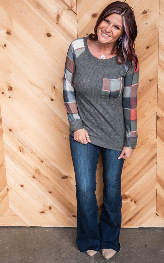 grey waffle plaid top 