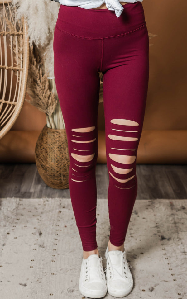 burgundy laser cut leggings