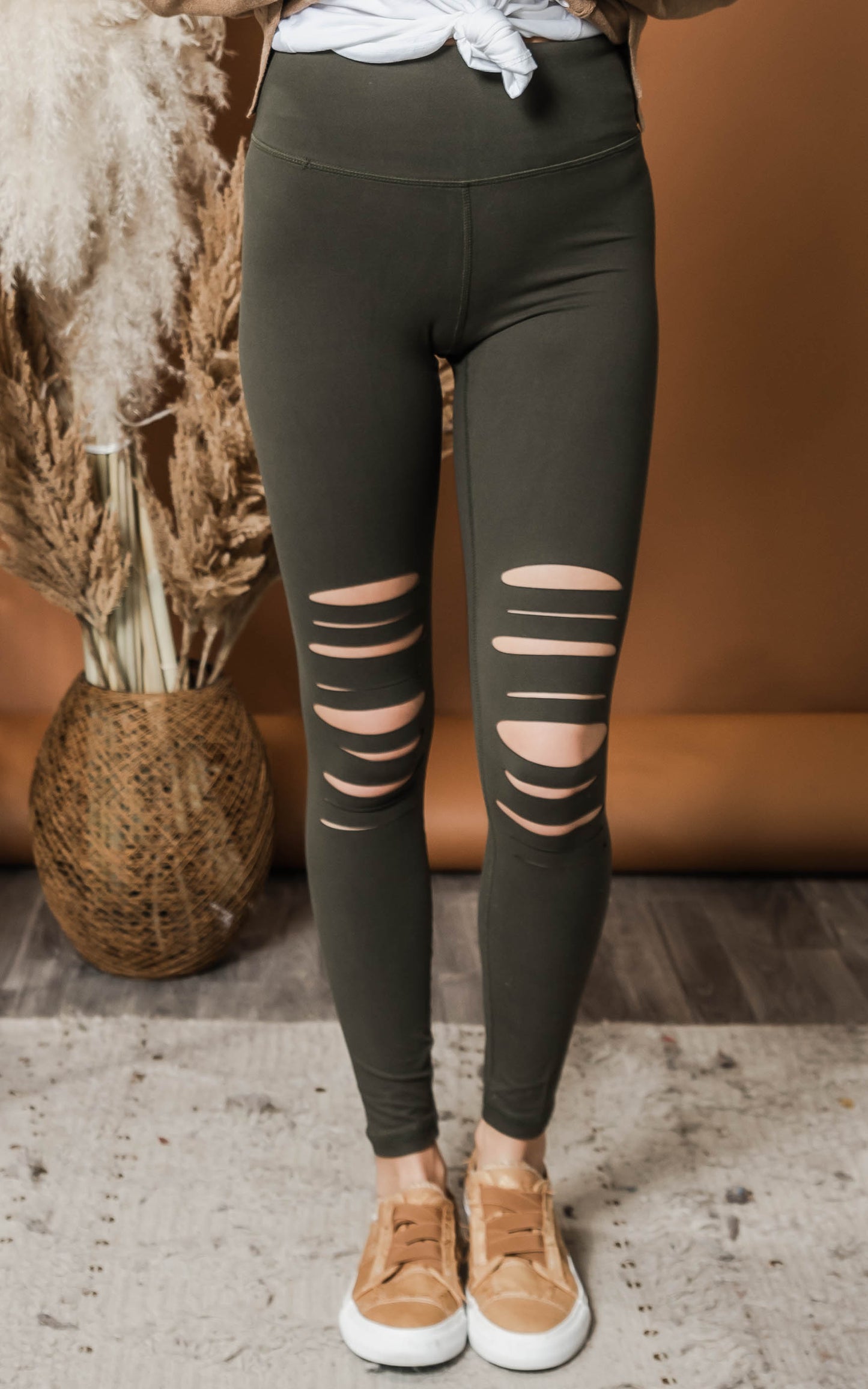 olive laser cut leggings