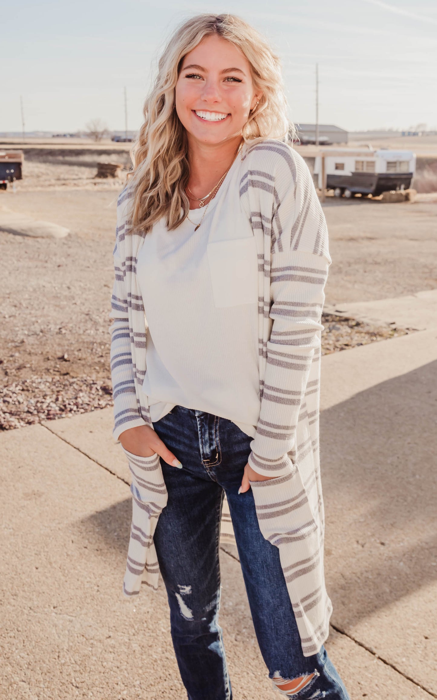 ivory and grey striped long cardigan