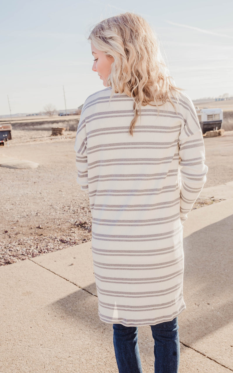 ivory and grey striped ribbed cardigan with front pockets