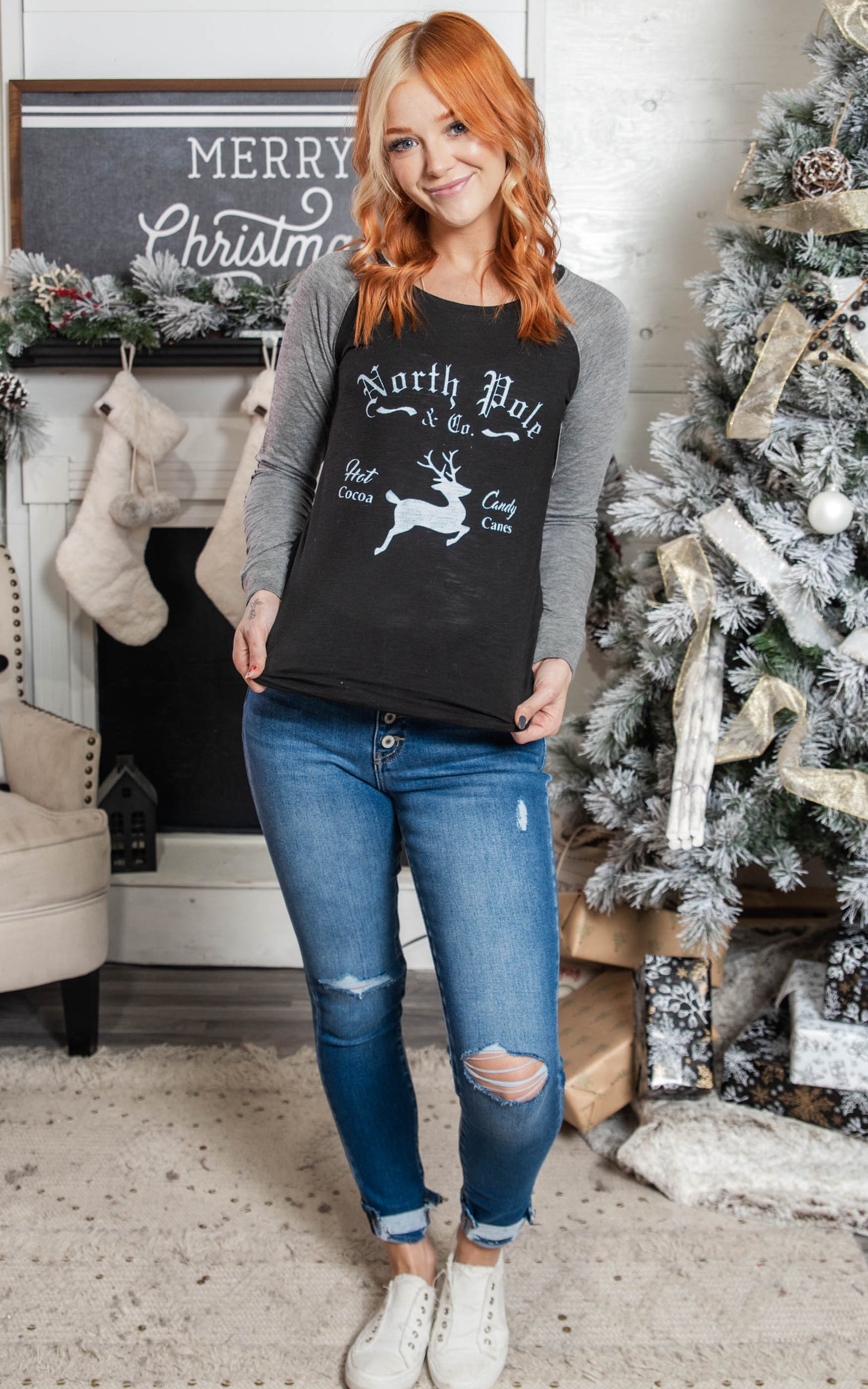 north pole reindeer graphic long sleeve 